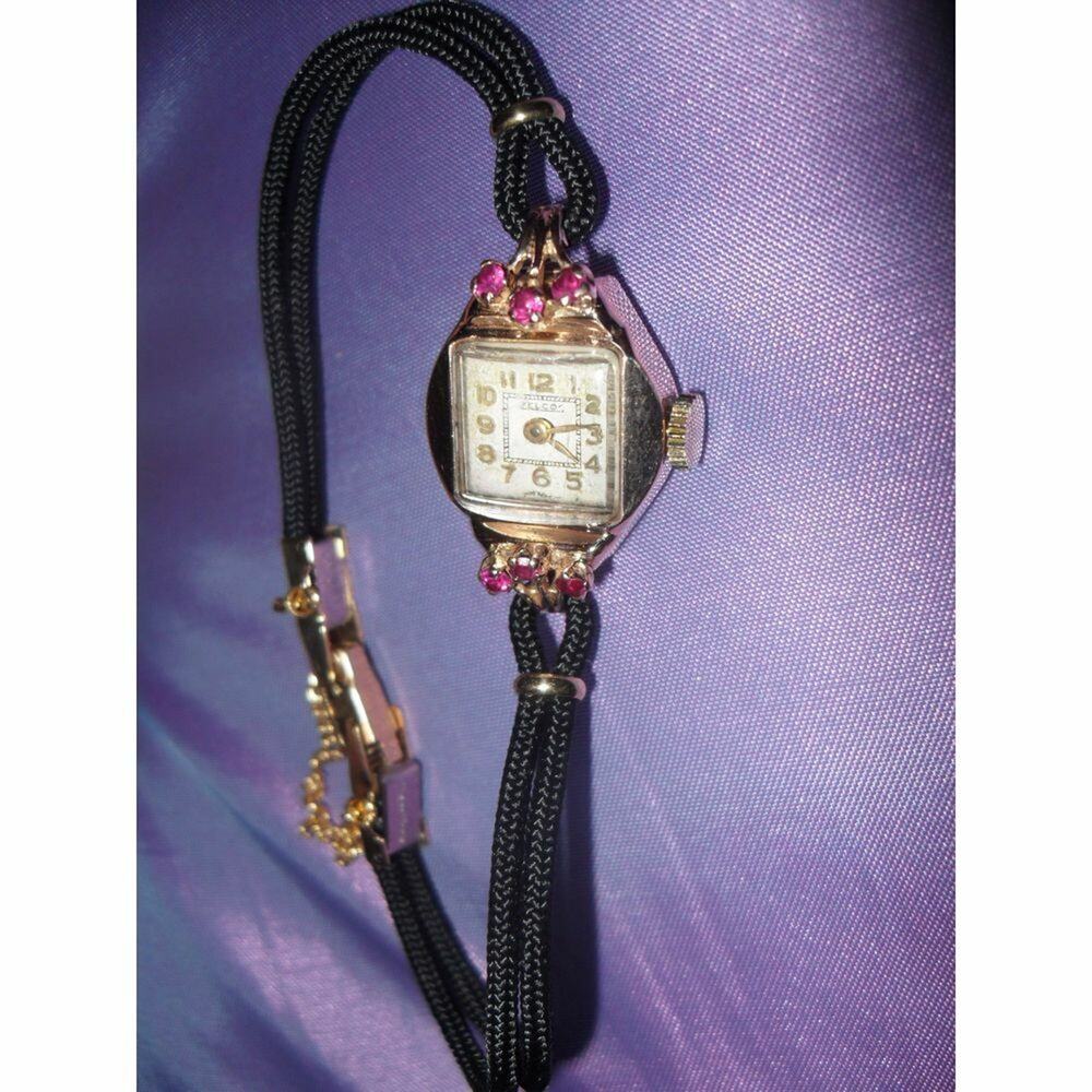 18 KARAT ROSE GOLD & RUBY ANTIQUE WATCH with New Cord Band -Works Perfectly
